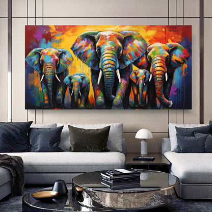 Vibrant Elephant Family - Colorful Canvas Art, Modern Prin on Canvas B