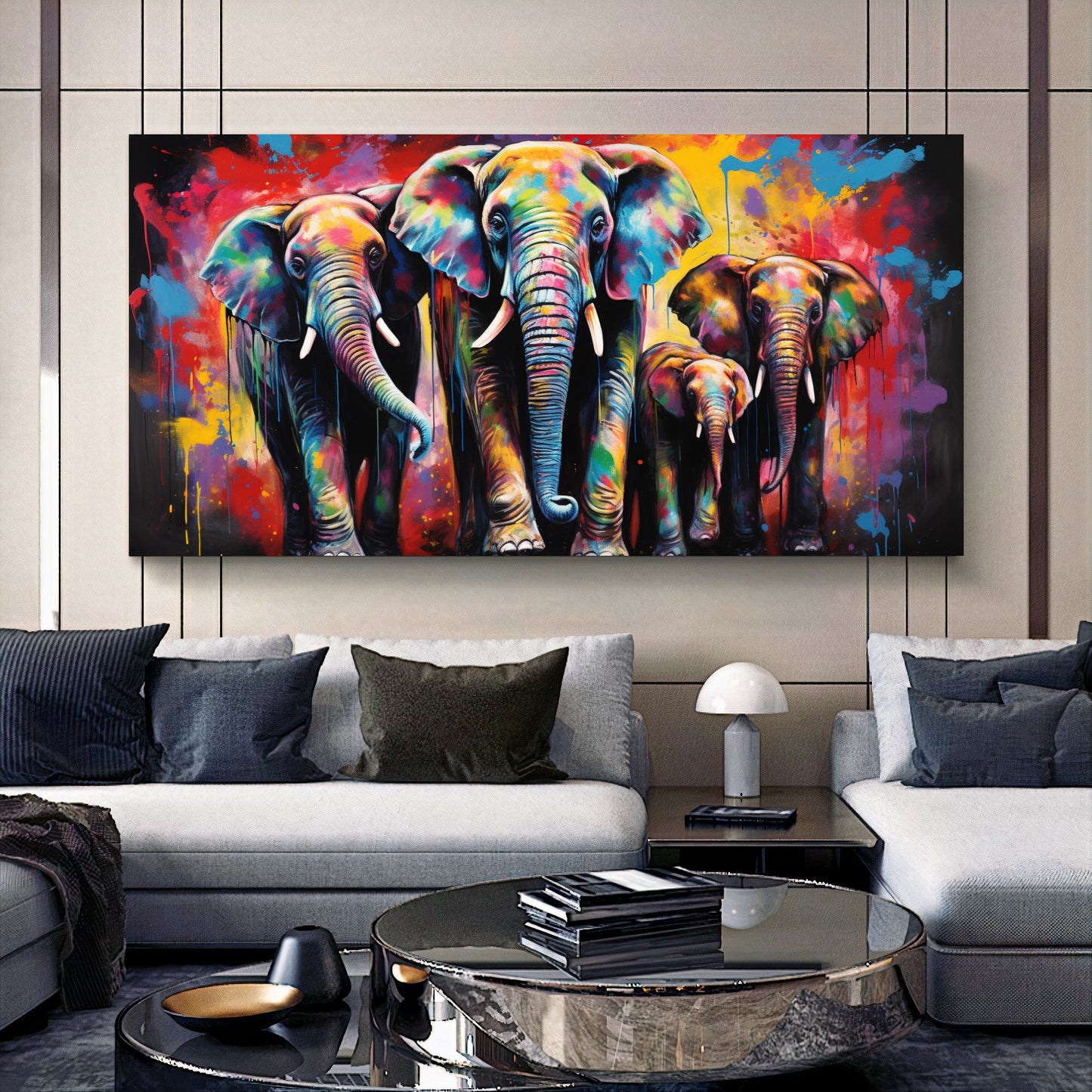 Vibrant Elephant Family - Colorful Canvas Art, Modern Prin on Canvas C