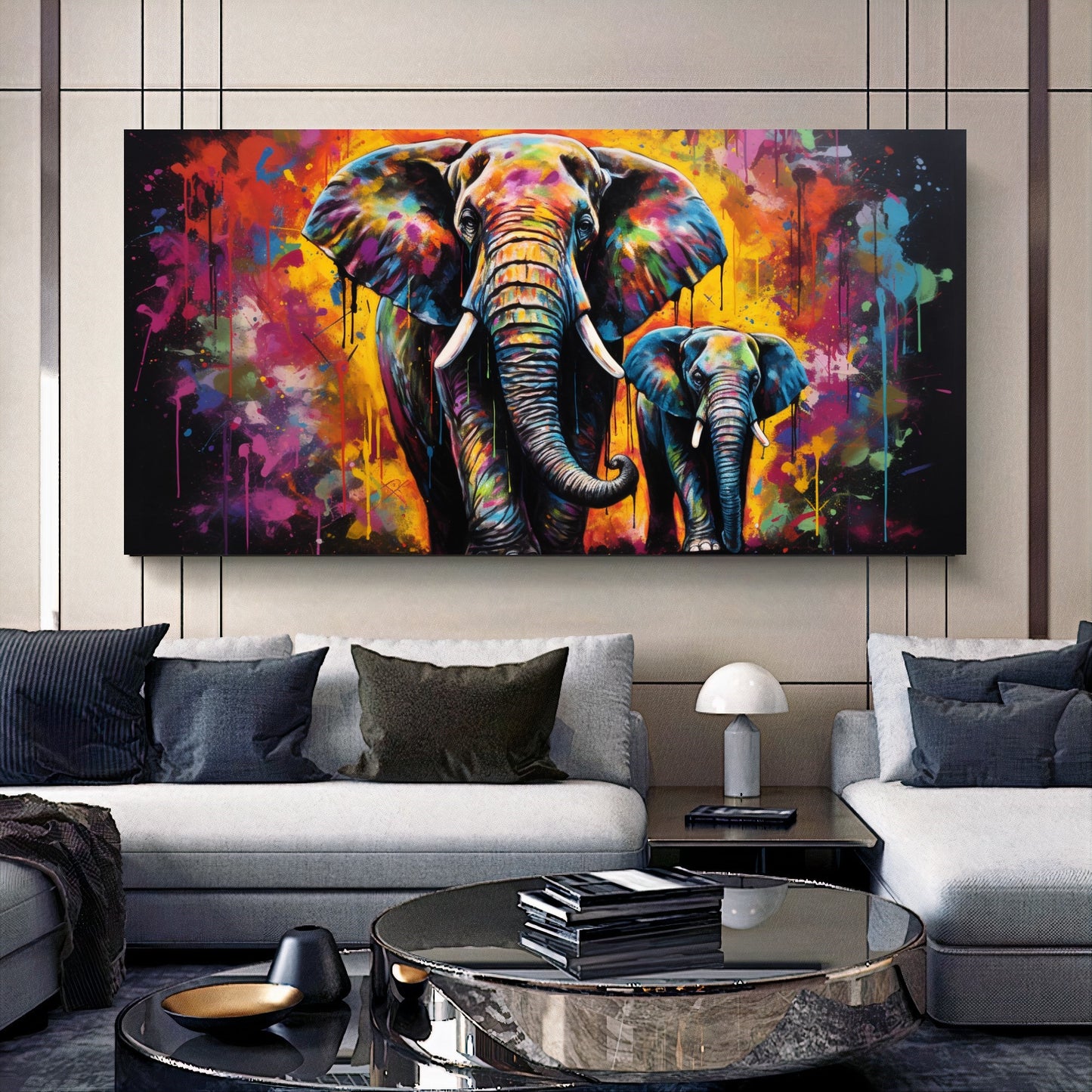 Vibrant Elephant Family - Colorful Canvas Art, Modern Prin on Canvas B