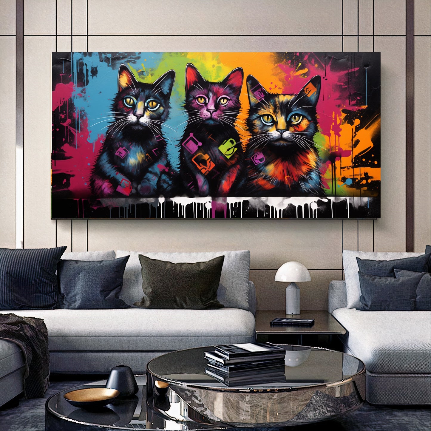 Colorful Cat Family - Vibrant Canvas Art, Modern Prin on Canvas D
