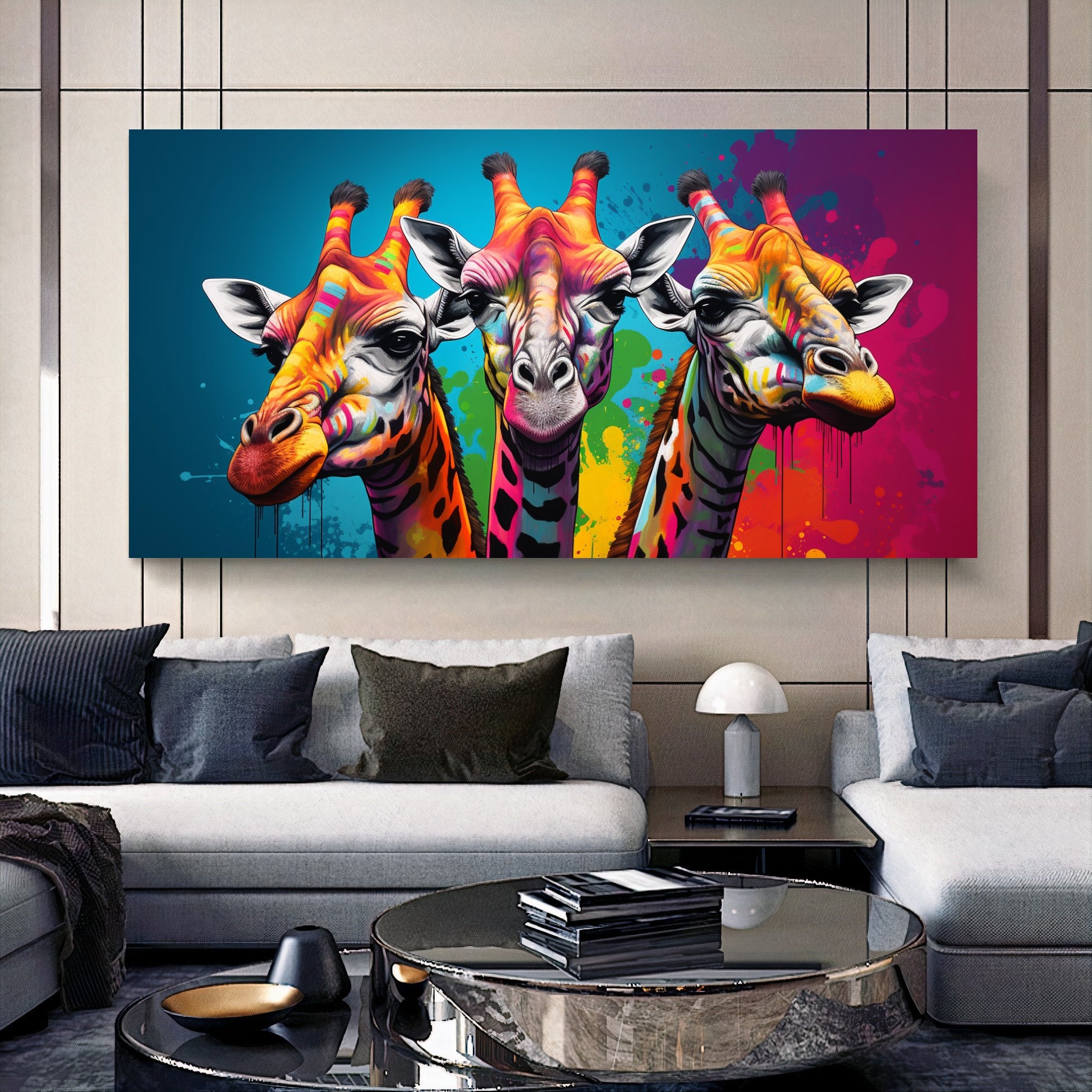 Vibrant Giraffe Family Canvas Art - Colorful Giraffes on Abstract Background, Modern Prin on Canvas E