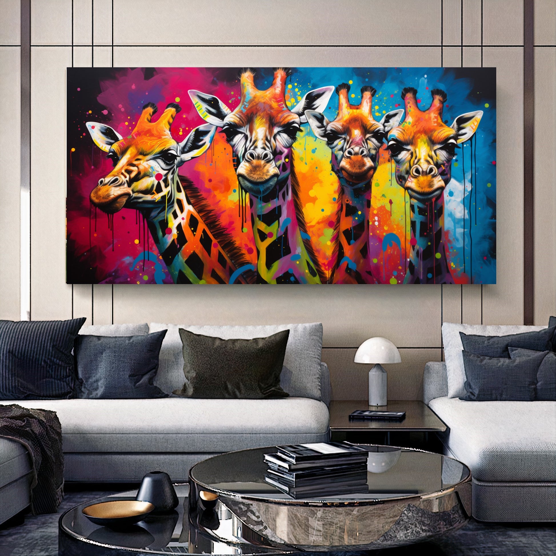 Vibrant Giraffe Family Canvas Art - Colorful Giraffes on Abstract Background, Modern Prin on Canvas C