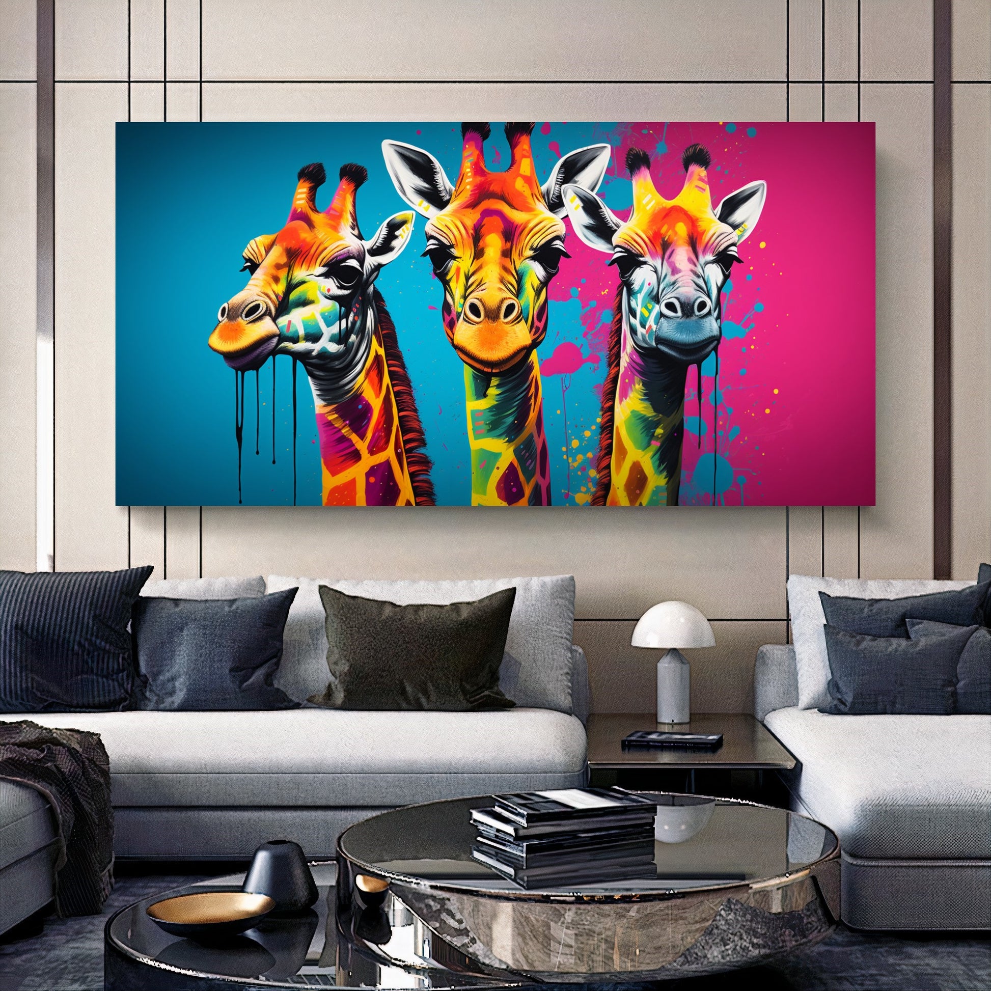 Vibrant Giraffe Family Canvas Art - Colorful Giraffes on Abstract Background, Modern Prin on Canvas C