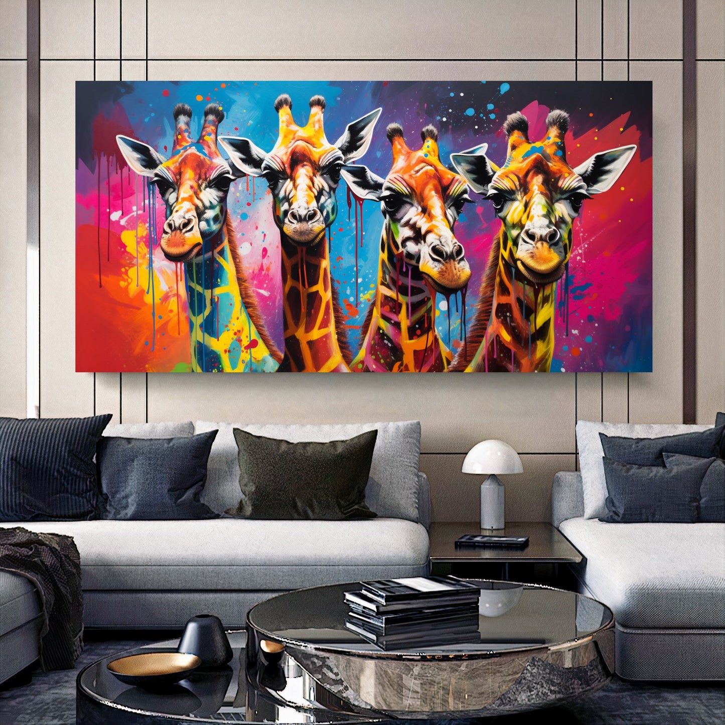 Vibrant Giraffe Family Canvas Art - Colorful Giraffes on Abstract Background, Modern Prin on Canvas B