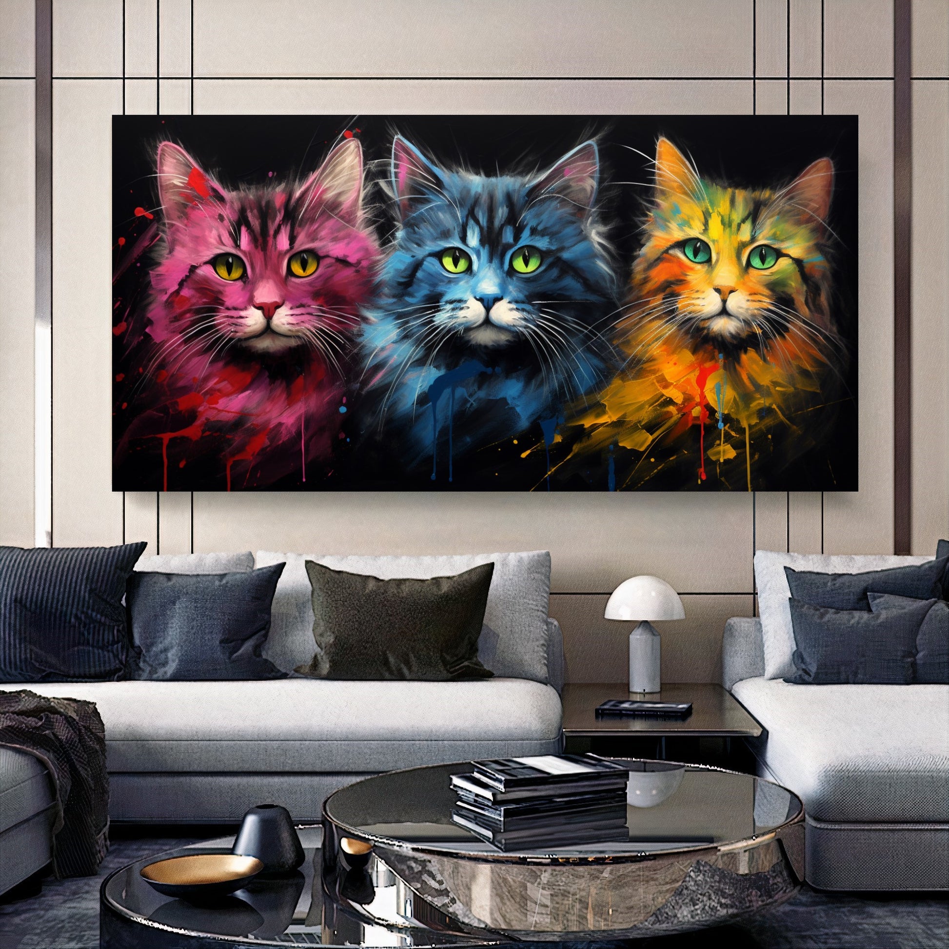 Colorful Cat Family - Vibrant Canvas Art, Modern Prin on Canvas A