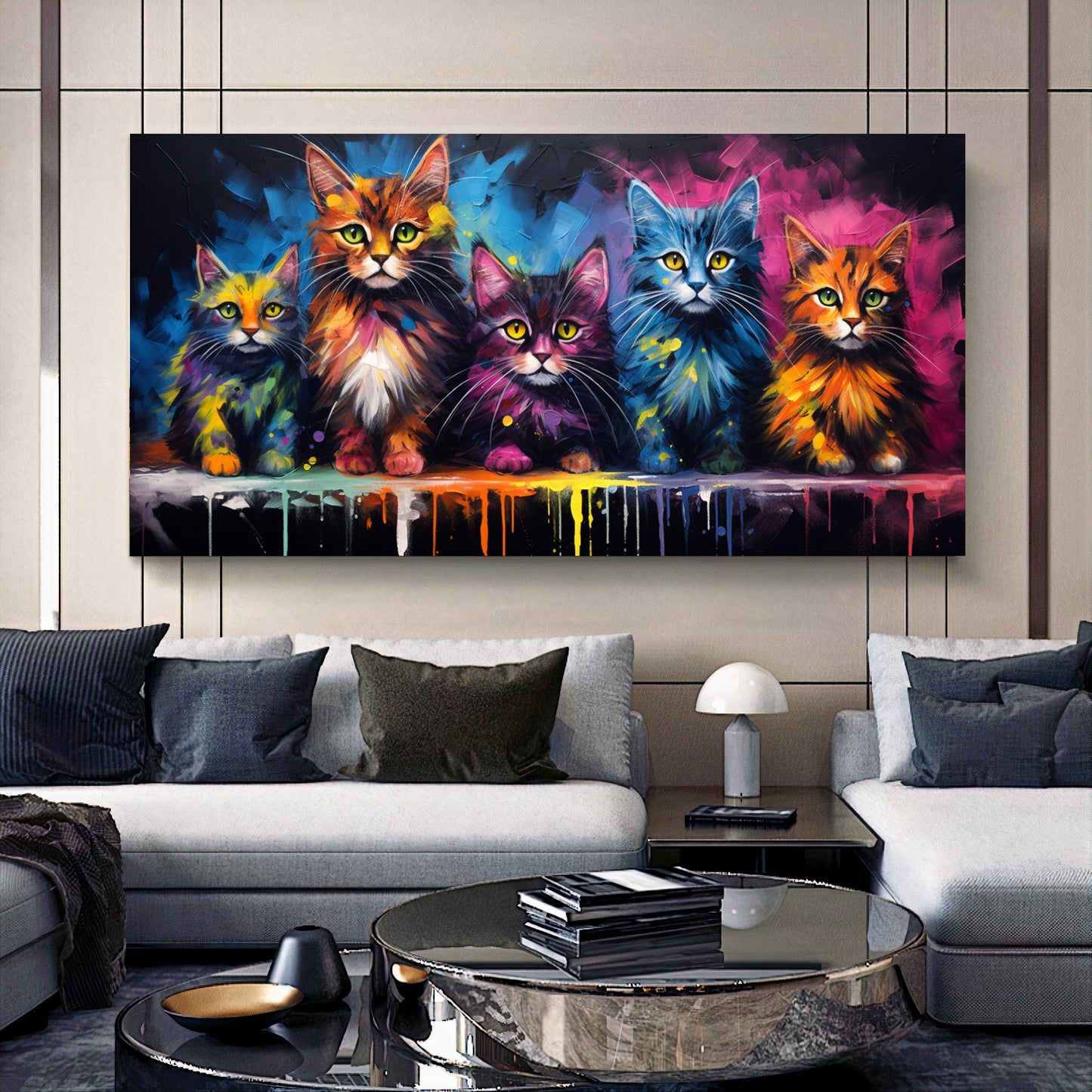 Colorful Cat Family - Vibrant Canvas Art, Modern Prin on Canvas E