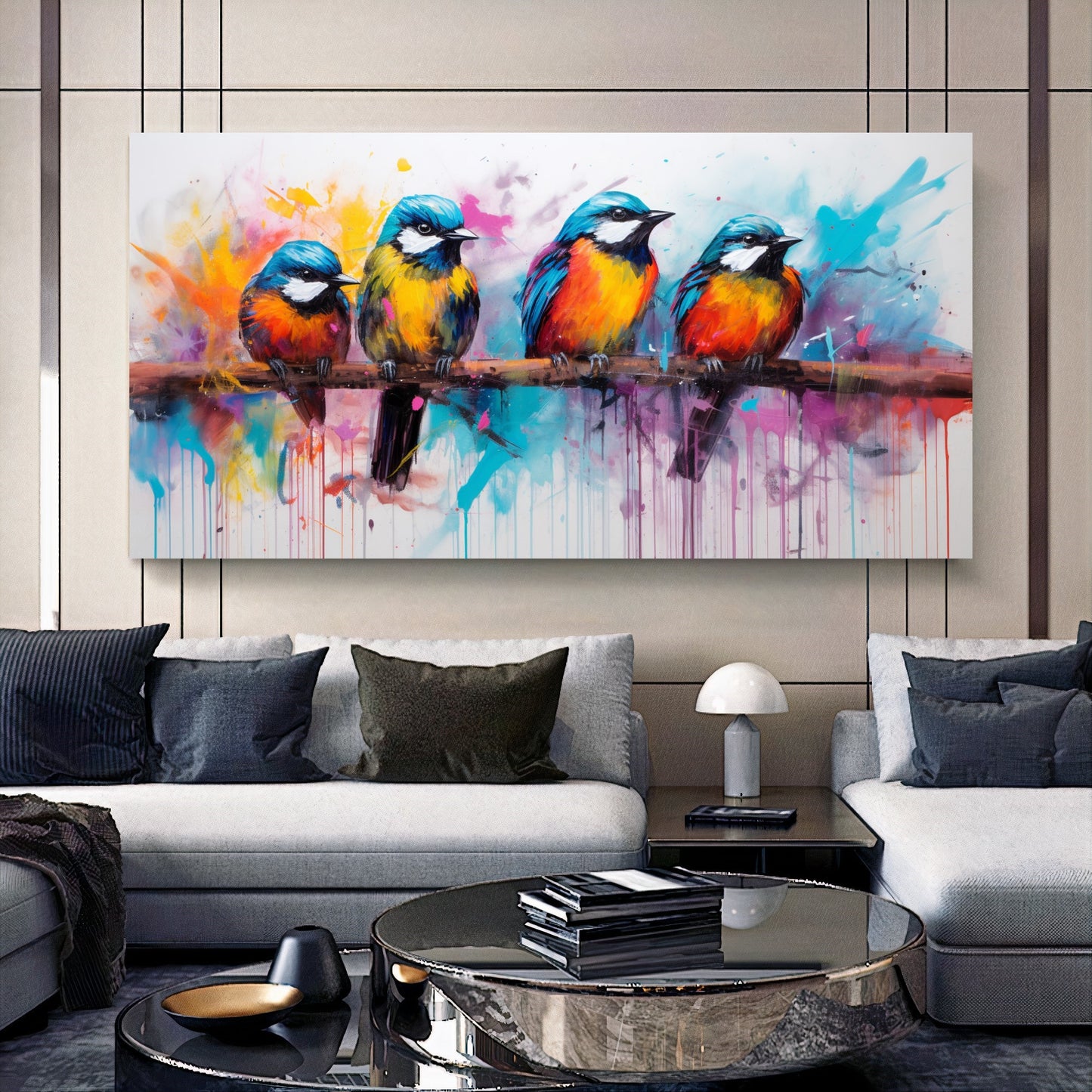Colorful Birds on Branch - Vibrant Family of Birds Canvas Art, Modern Prin on Canvas E