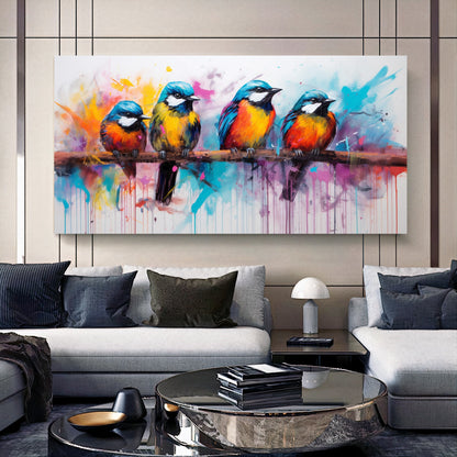 Colorful Birds on Branch - Vibrant Family of Birds Canvas Art, Modern Prin on Canvas E