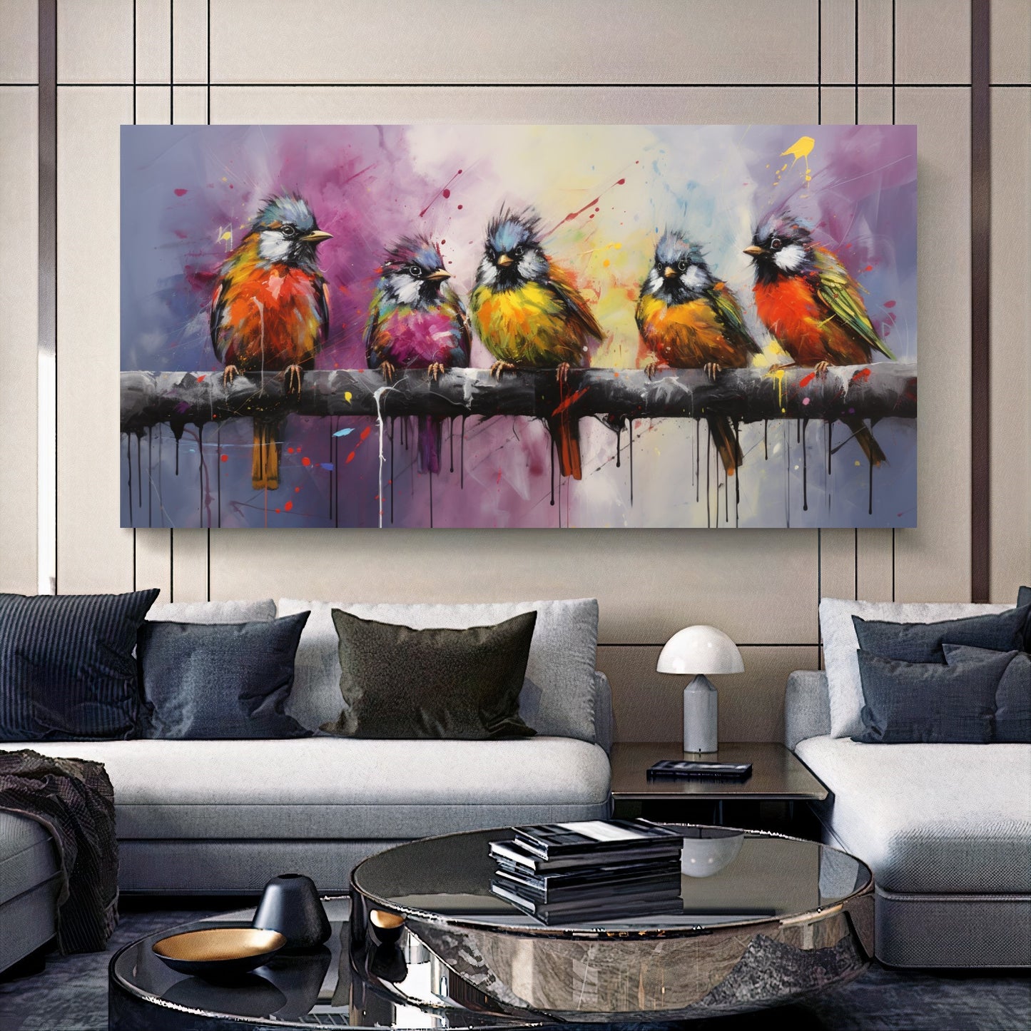 Colorful Birds on Branch - Vibrant Family of Birds Canvas Art, Modern Prin on Canvas B