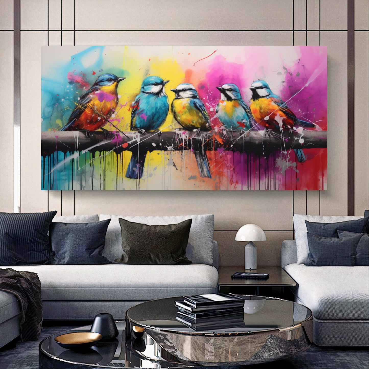 Colorful Birds on Branch - Vibrant Family of Birds Canvas Art, Modern Prin on Canvas C