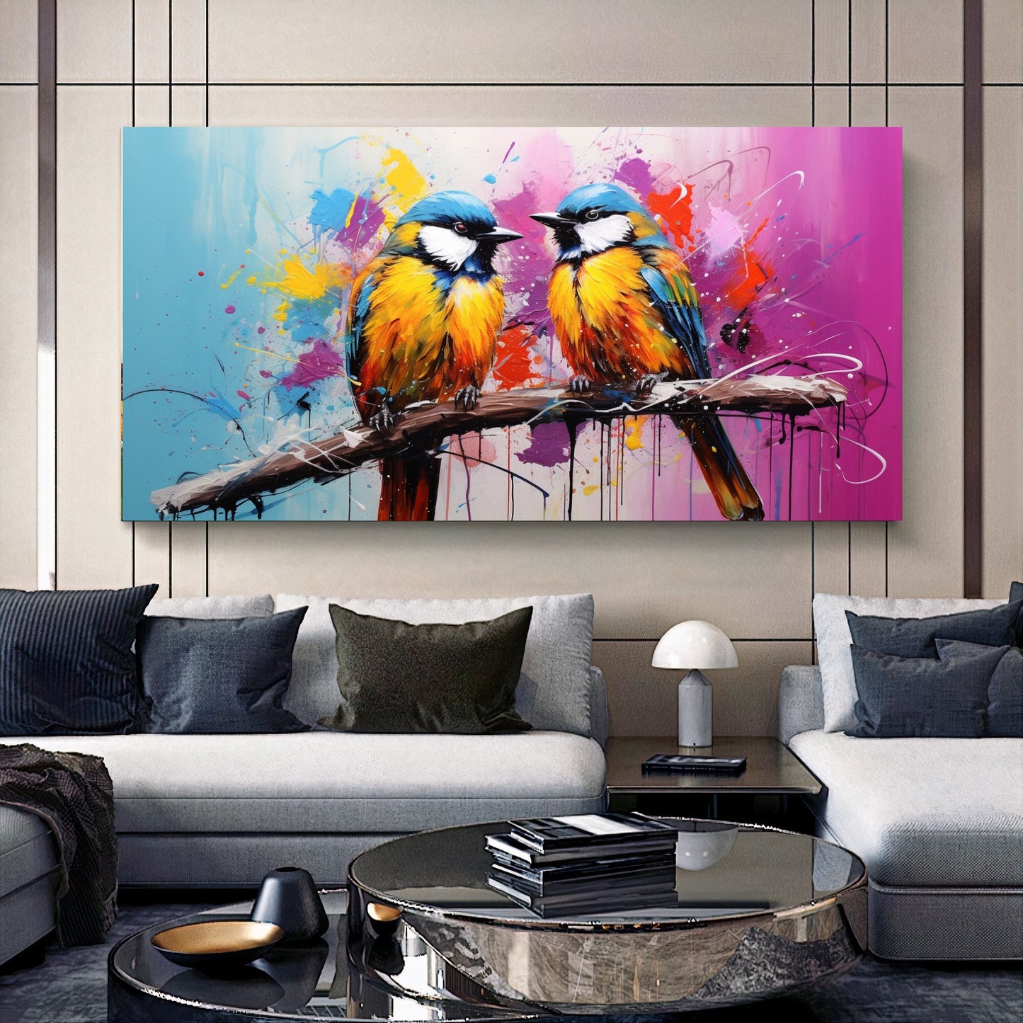 Colorful Birds on Branch - Vibrant Family of Birds Canvas Art, Modern Prin on Canvas D