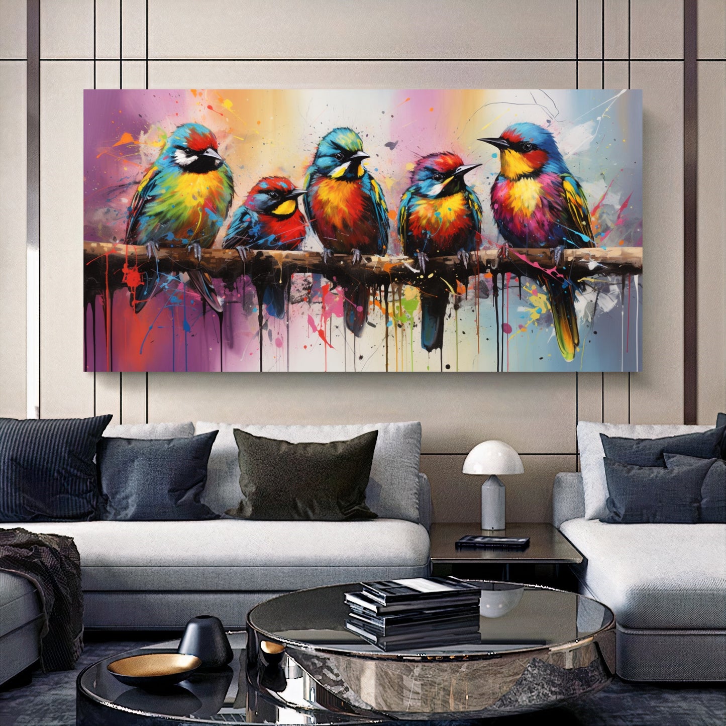 Colorful Birds on Branch - Vibrant Family of Birds Canvas Art, Modern Prin on Canvas C