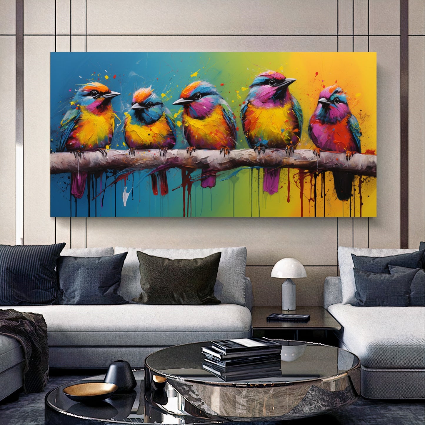 Colorful Birds on Branch - Vibrant Family of Birds Canvas Art, Modern Prin on Canvas B