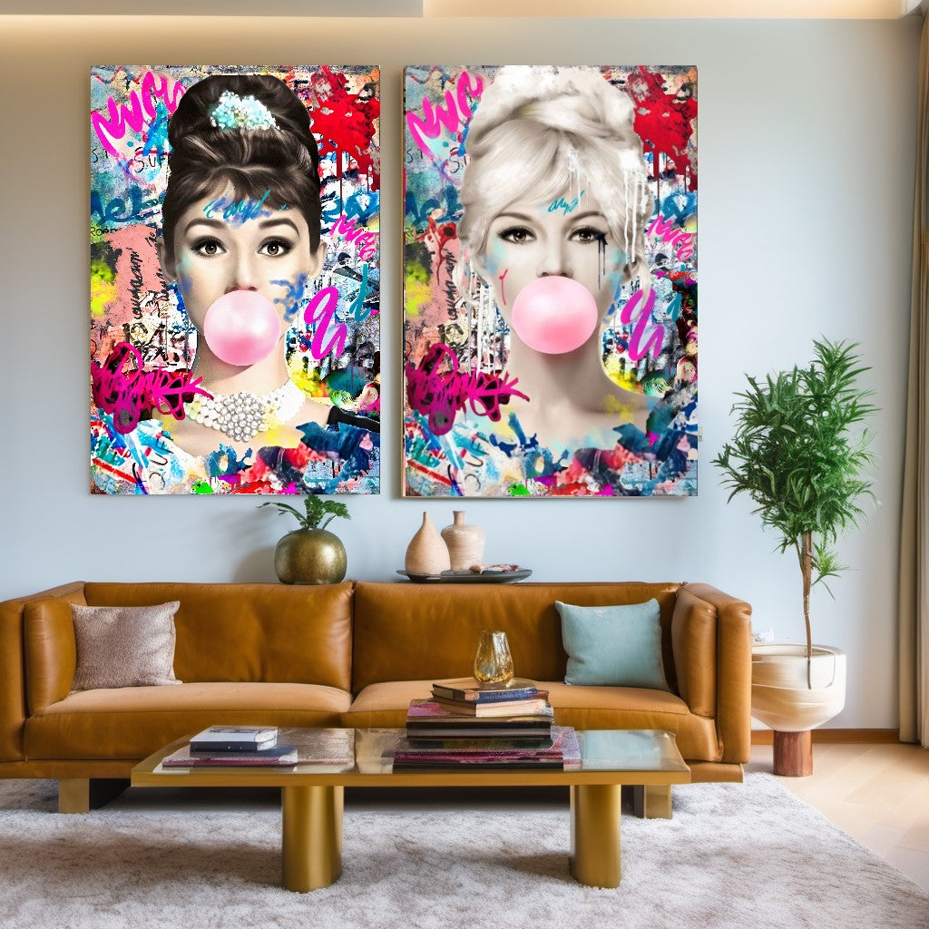 Audrey Hepburn, Marilyn Monroe and Brigitte Bardot, Bubble Gum Art, Modern Pop Art Canvas Print