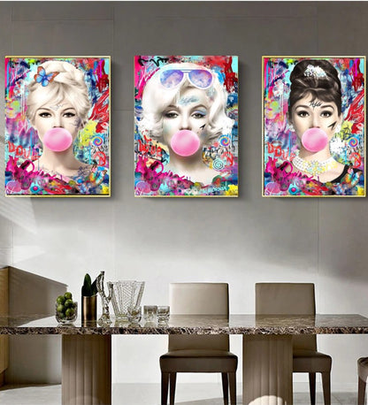 Audrey Hepburn, Marilyn Monroe and Brigitte Bardot, Bubble Gum Art, Modern Pop Art Canvas Print