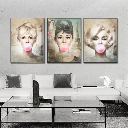 Vintage Pris Art, Audrey Hepburn, Marilyn Monroe and Brigitte Bardot, Modern Pop Art Canvas Print