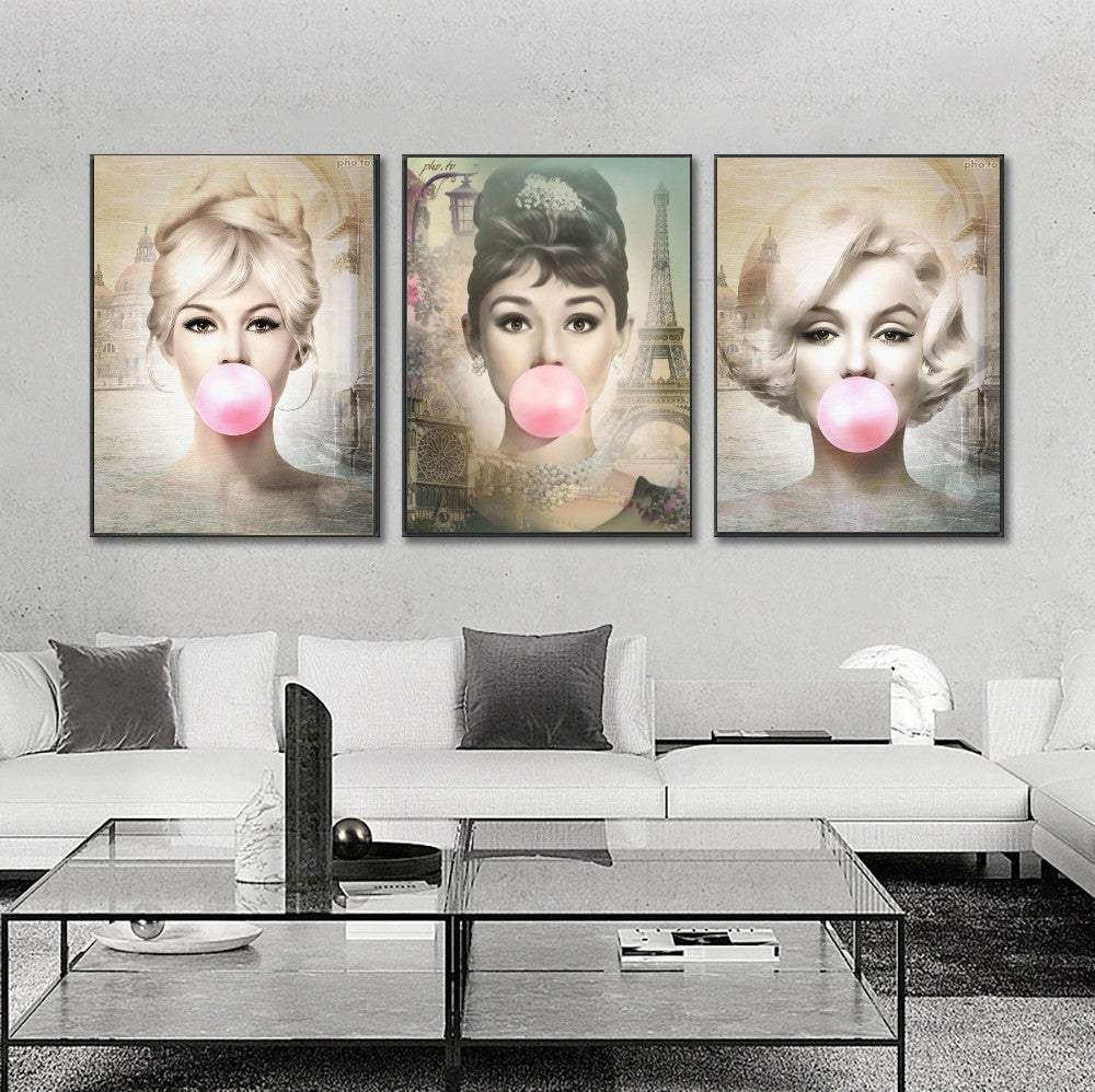 Vintage Print Art, Audrey Hepburn, Marilyn Monroe and Brigitte Bardot – Large – Oil on Canvas – {{ product.title }} canvas artwork by Tanya Mirelle – modern wall decor – original artwork for home, living room, office, or gallery – original artwork by BETSY-ART GALLERY