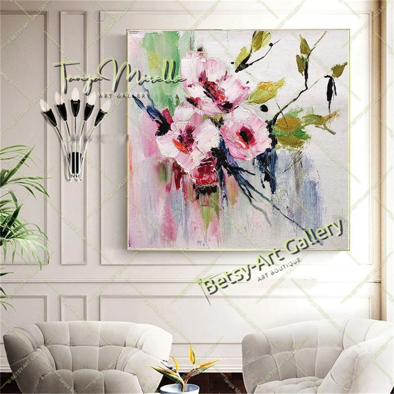 Grande peinture à l'huile florale texturée en impasto sur toile - Œuvre d'art originale, art mural texturé coloré