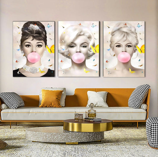 Butterfly Audrey Hepburn, Marilyn Monroe and Brigitte Bardot, Bubble Gum Art, Modern Pop Art Canvas Print