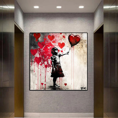 Girl with Red Heart Balloon - Pop Art Print on Canvas, Graffiti Art, Banksy Art, Large Stretched Printed Canvas