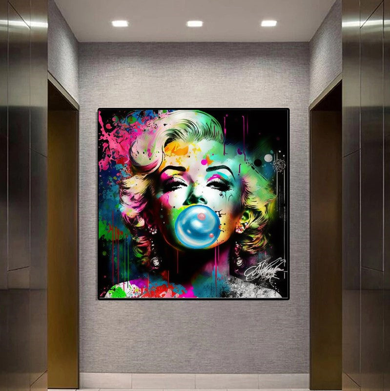 Retro Pop Art Diva - Marilyn Monroe with Pink Booble Gum - Stretched Printed Canvas BLUE