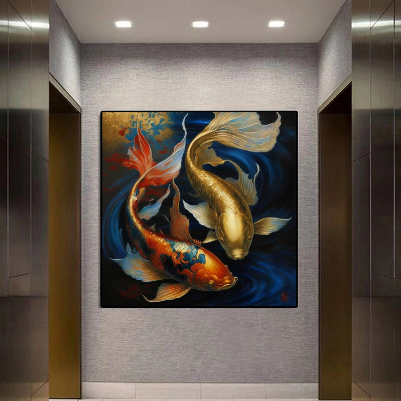 Majestic Two Gold Koi Fish Yin Yang - Elegant Canvas Art Print