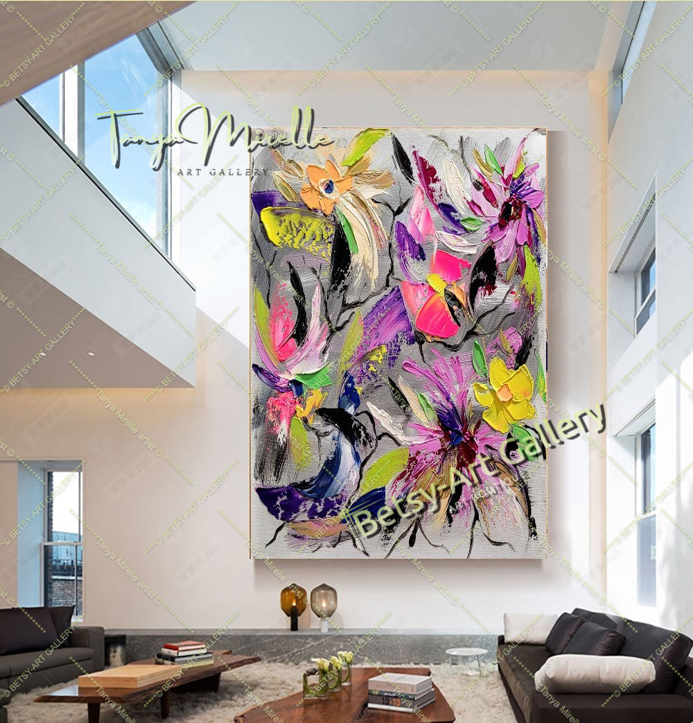 Floral Symphony - Modern Abstract Painting on Canvas, Impasto Wall Art