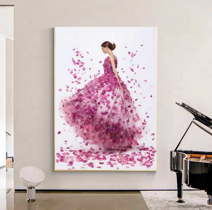 Modern Fashion Art Print on Canvas, Perfume Woman, Pink Petal Floral Woman Art