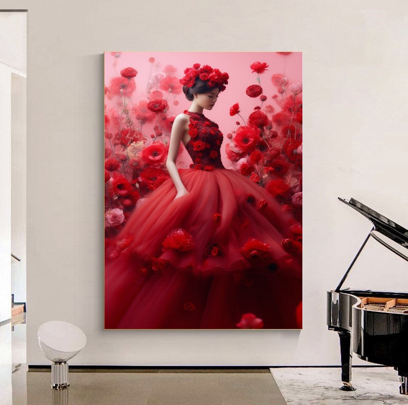 Modern Fashion Art Print on Canvas, Perfume Woman, Lady in Red, Floral Woman Art D