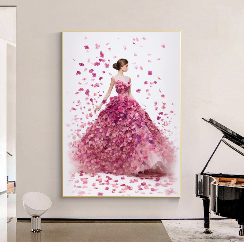 Modern Fashion Art Print on Canvas, Perfume Woman, Pink Petal Floral Woman Art