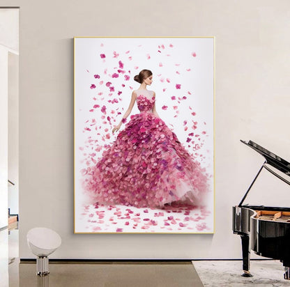 Modern Fashion Art Print on Canvas, Perfume Woman, Pink Petal Floral Woman Art