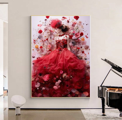 Modern Fashion Art Print on Canvas, Perfume Woman, Lady in Red, Floral Woman Art E