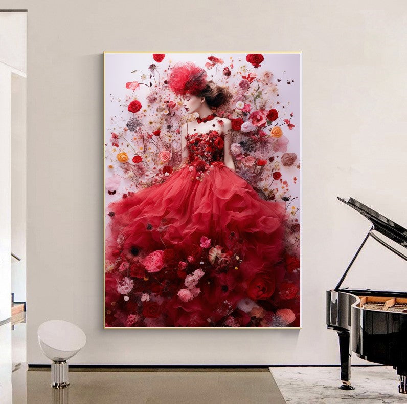 Modern Fashion Art Print on Canvas, Perfume Woman, Lady in Red, Floral Woman Art – Large – Oil on Canvas – {{ product.title }} canvas artwork by Tanya Mirelle – modern wall decor – original artwork for home, living room, office, or gallery – original artwork by BETSY-ART GALLERY