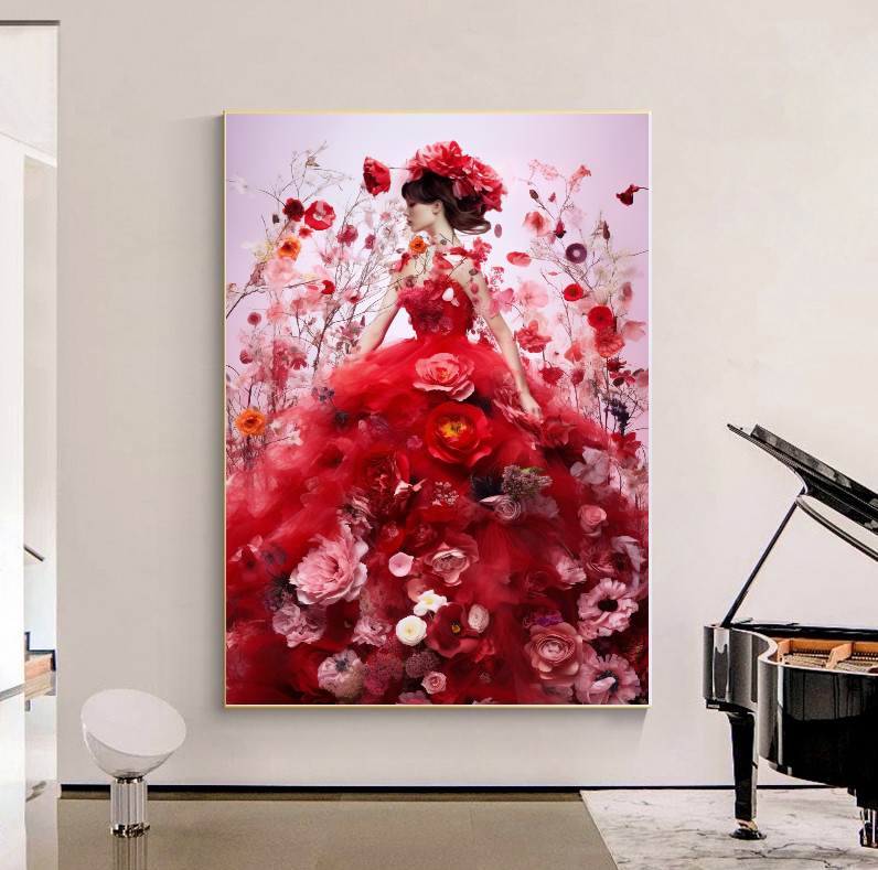 Modern Fashion Art Print on Canvas, Perfume Woman, Lady in Red, Floral Woman Art