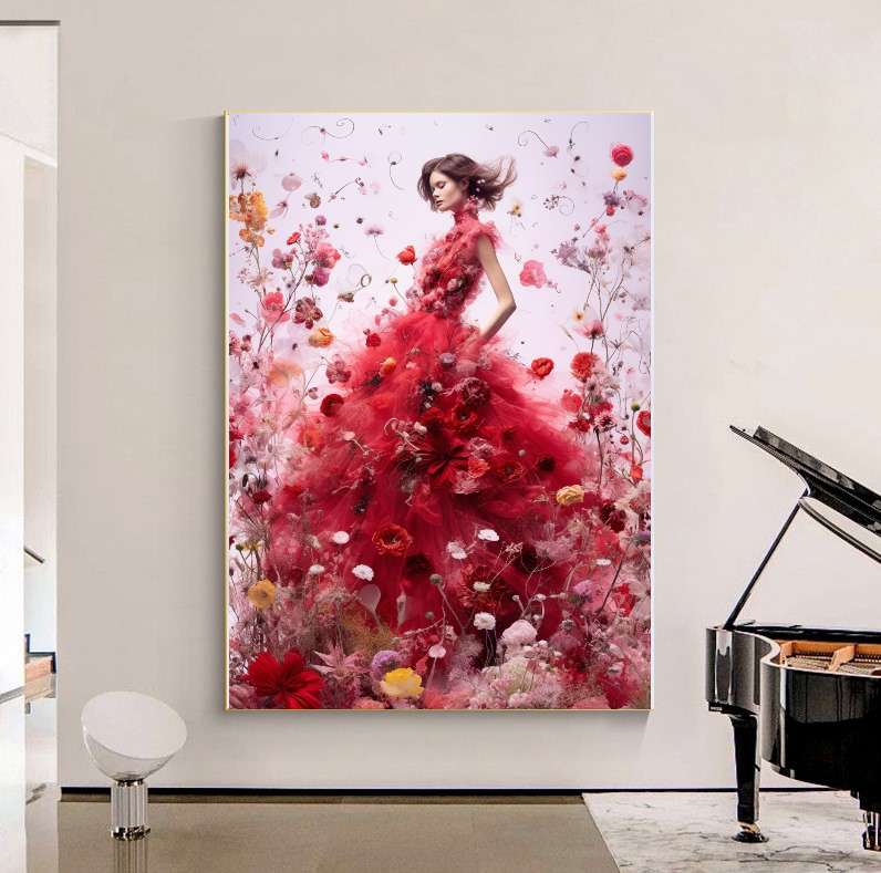 Modern Fashion Art Print on Canvas, Perfume Woman, Lady in Red, Floral Woman Art C