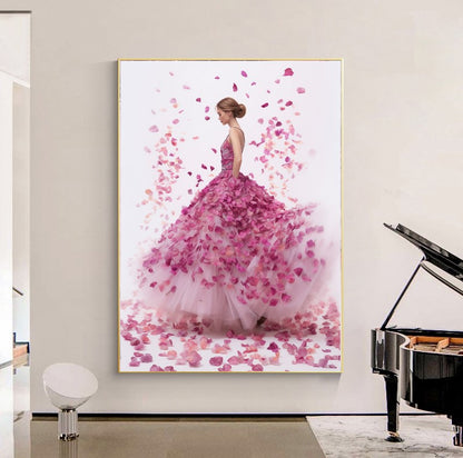 Modern Fashion Art Print on Canvas, Perfume Woman, Pink Petal Floral Woman Art B