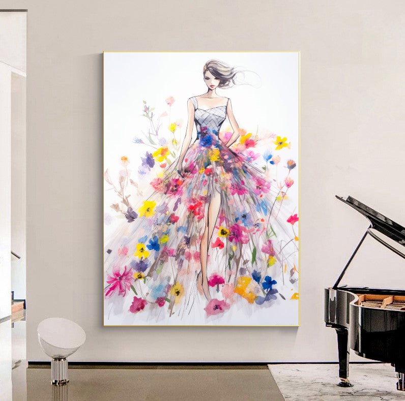 Modern Fashion Art Print on Canvas, Perfume Woman, Floral Woman Art E