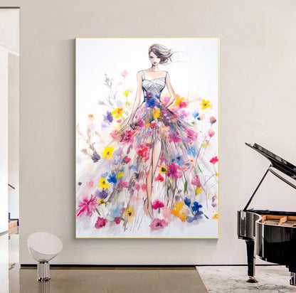 Modern Fashion Art Print on Canvas, Perfume Woman, Floral Woman Art E