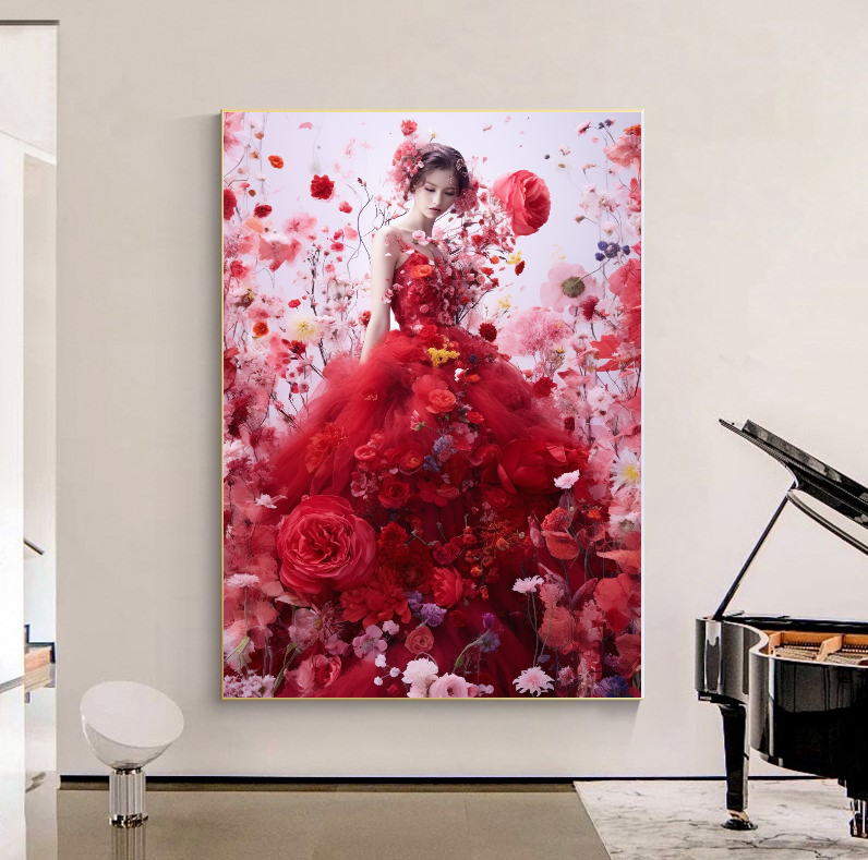 Modern Fashion Art Print on Canvas, Perfume Woman, Lady in Red, Floral Woman Art B