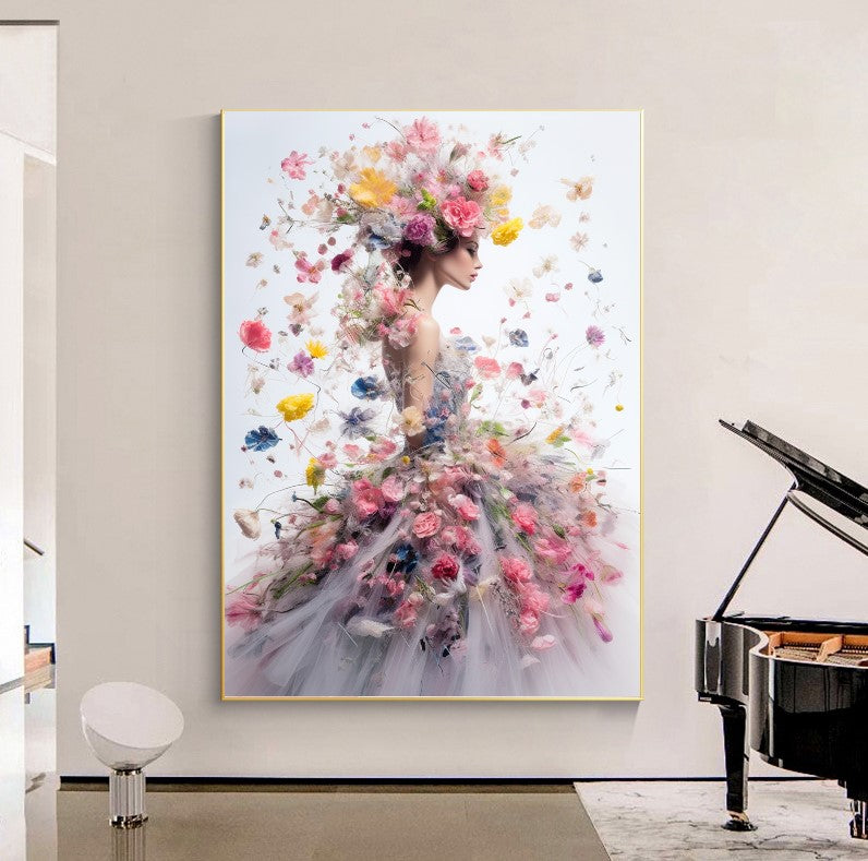 LARGE FASHION Wall Art, Flower Woman, Modern Perfume Art Print on Canvas – Large – Oil on Canvas – {{ product.title }} canvas artwork by Tanya Mirelle – modern wall decor – original artwork for home, living room, office, or gallery – original artwork by BETSY-ART GALLERY