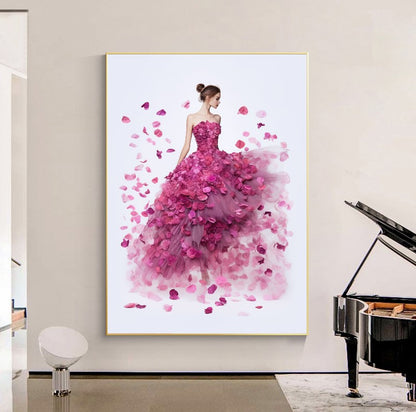 Modern Fashion Art Print on Canvas, Perfume Woman, Pink Petal Floral Woman Art A