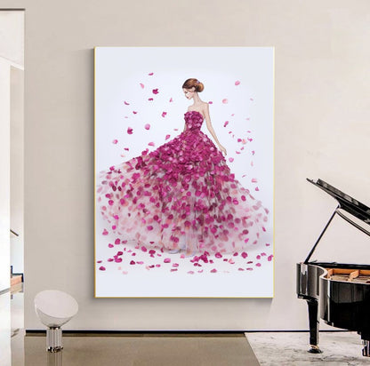 Modern Fashion Art Print on Canvas, Perfume Woman, Pink Petal Floral Woman Art C