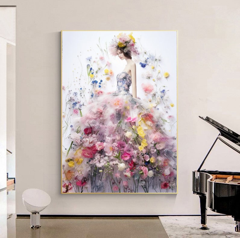 LARGE FASHION Wall Art, Flower Woman, Modern Perfume Art Print on Canvas – Large – Oil on Canvas – {{ product.title }} canvas artwork by Tanya Mirelle – modern wall decor – original artwork for home, living room, office, or gallery – original artwork by BETSY-ART GALLERY