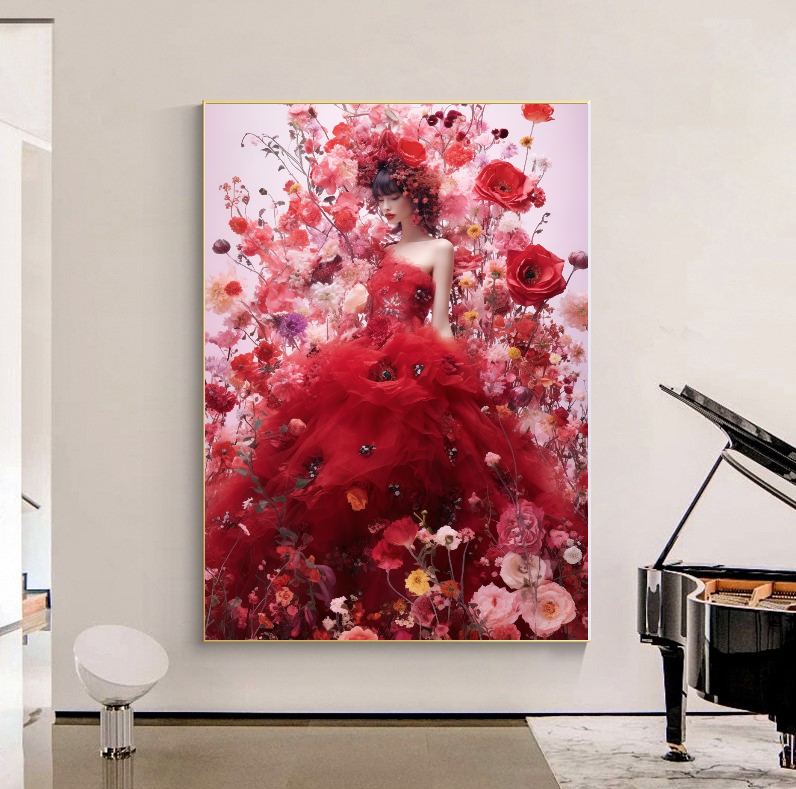 Modern Fashion Art Print on Canvas, Perfume Woman, Lady in Red, Floral Woman Art A