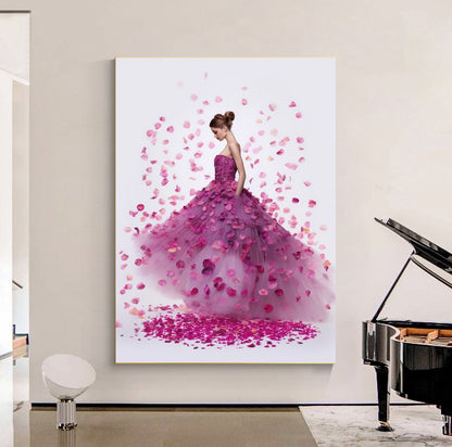 Modern Fashion Art Print on Canvas, Perfume Woman, Pink Petal Floral Woman Art D