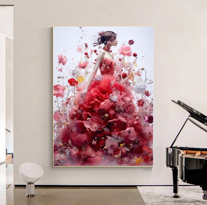 Modern Fashion Art Print on Canvas, Perfume Woman, Lady in Red, Floral Woman Art D