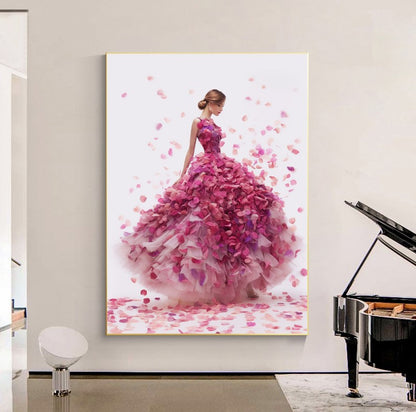 Modern Fashion Art Print on Canvas, Perfume Woman, Pink Petal Floral Woman Art C