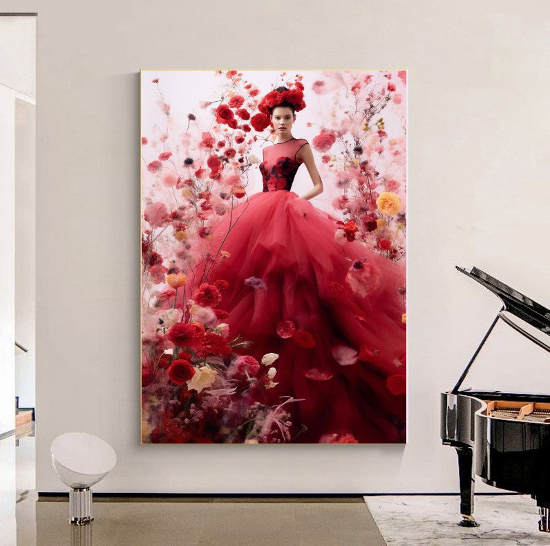 Modern Fashion Art Print on Canvas, Perfume Woman, Lady in Red, Floral Woman Art B