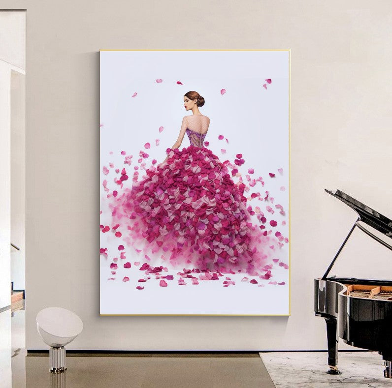 Modern Fashion Art Print on Canvas, Perfume Woman, Pink Petal Floral Woman Art – Large – Oil on Canvas – {{ product.title }} canvas artwork by Tanya Mirelle – modern wall decor – original artwork for home, living room, office, or gallery – original artwork by BETSY-ART GALLERY