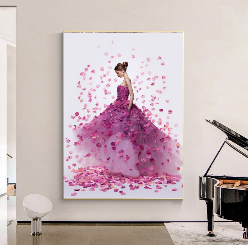 Modern Fashion Art Print on Canvas, Perfume Woman, Pink Petal Floral Woman Art E